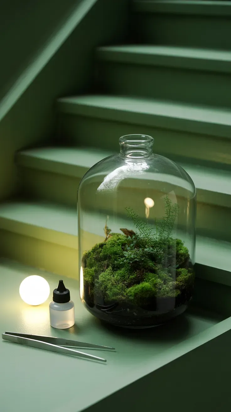 Small enclosed moss terrarium accenting single step of dim low-light staircase