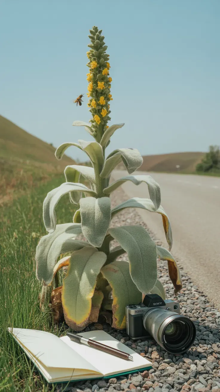 Tall mullein with fuzzy silver leaves and yellow flower spike growing along roadside