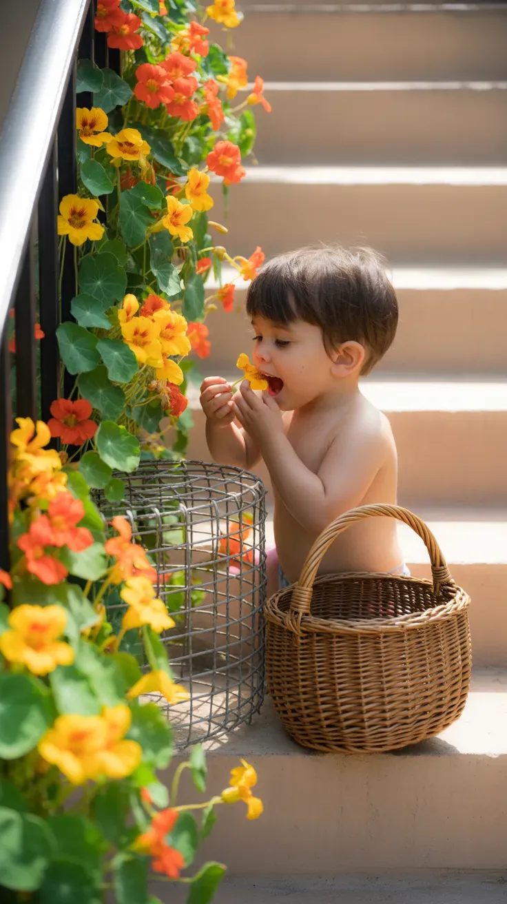 Nasturtium vine with edible orange flowers climbing safely along kid-friendly garden staircase