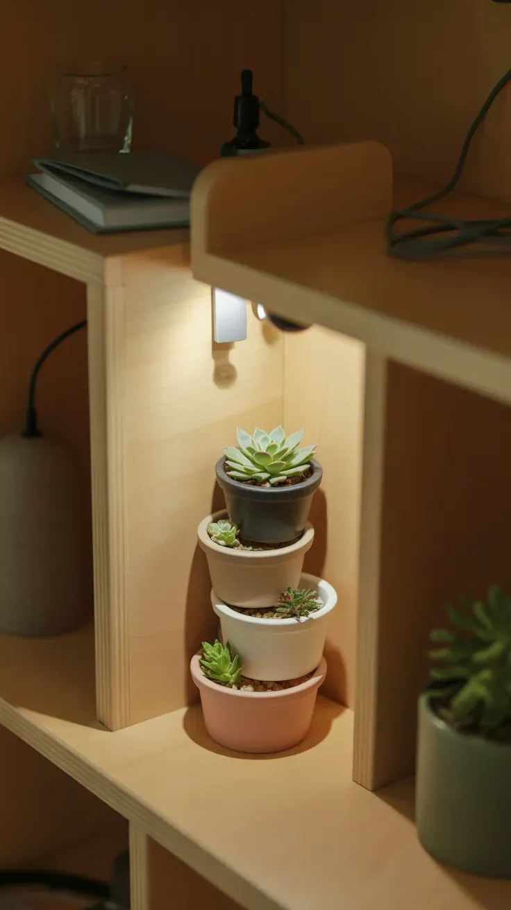 Small nesting stackable mini pots with succulents fitted into one tight tiny home staircase corner