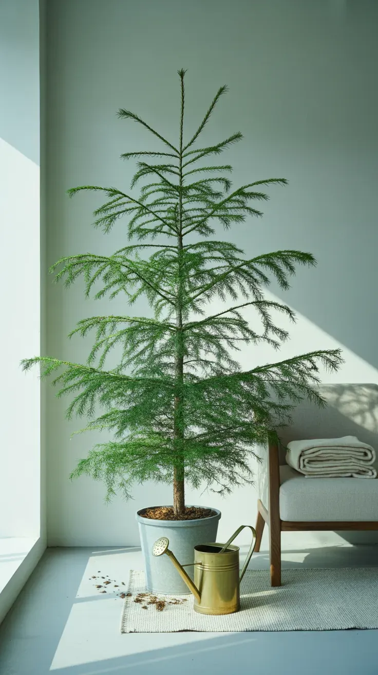Norfolk island pine with symmetrical branches standing beside bright living room window