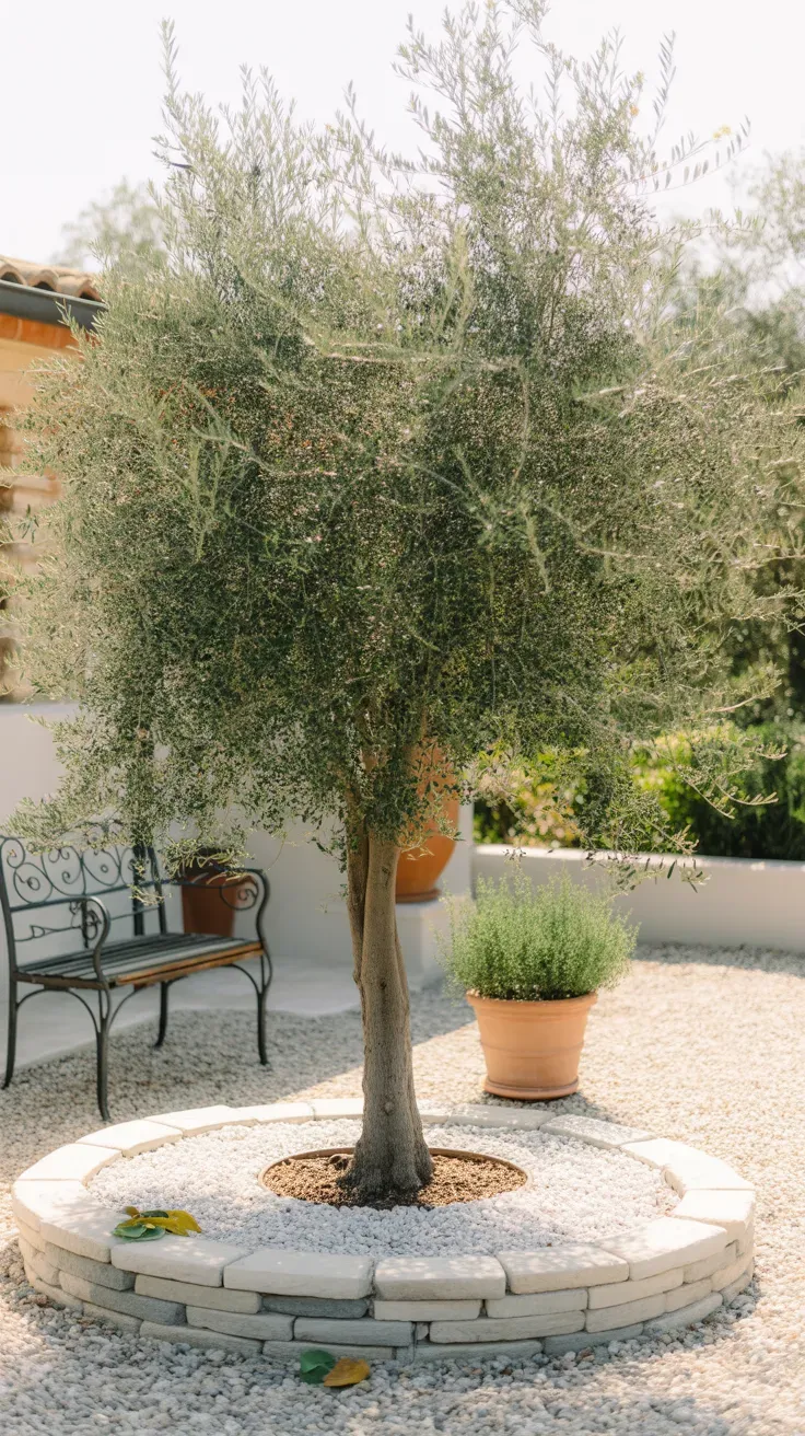 Mature olive tree with silvery leaves planted as a focal point in a sunny front yard