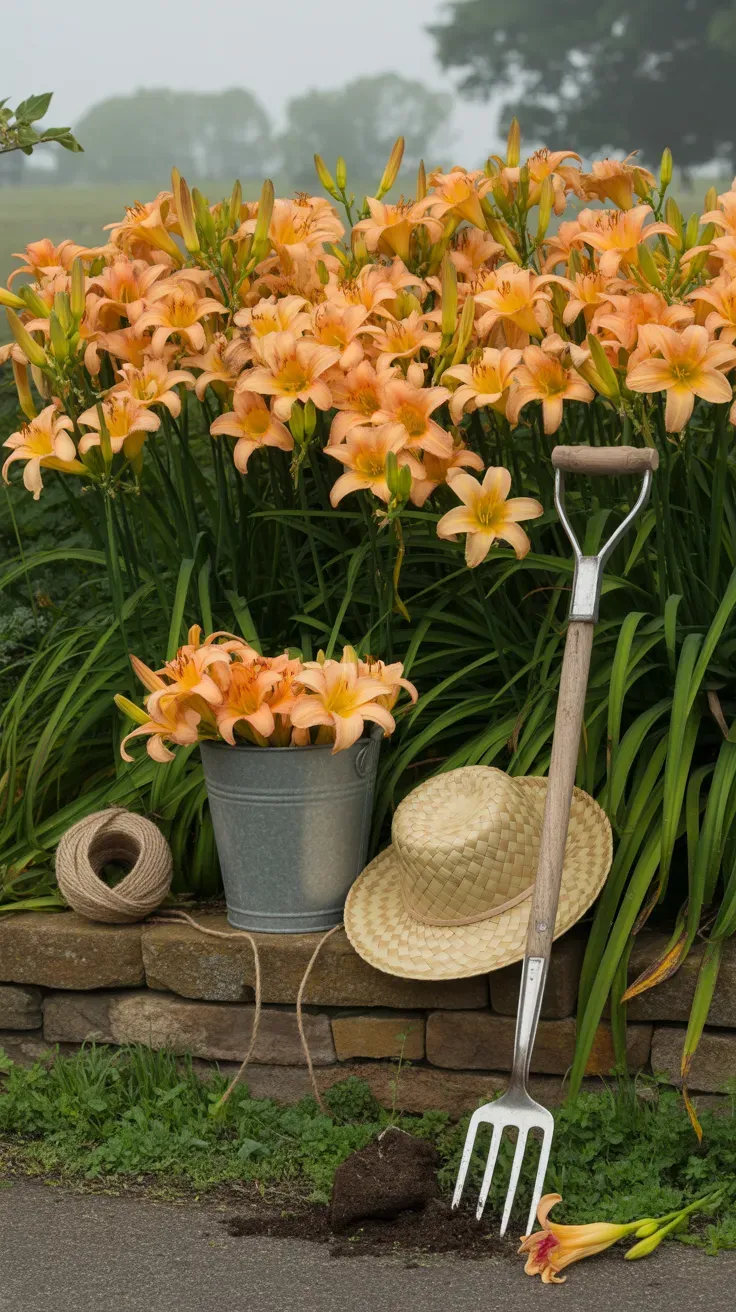 Cluster of orange daylilies in full bloom along a sunny roadside garden border