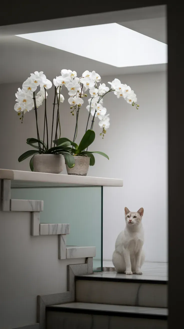 White orchid display elevated on wall shelf out of cat's reach on sheltered staircase
