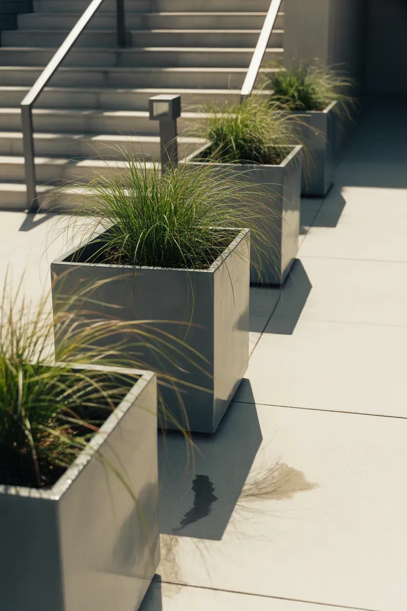 Ornamental grasses in sleek concrete planters lining modern sunny staircase entrance
