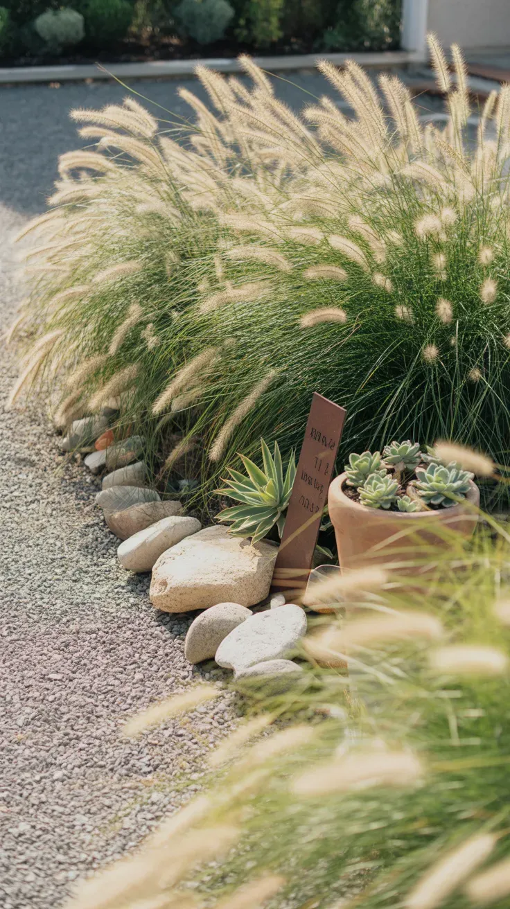 Feathery drought-tolerant ornamental grasses swaying in a Mediterranean-style front yard bed