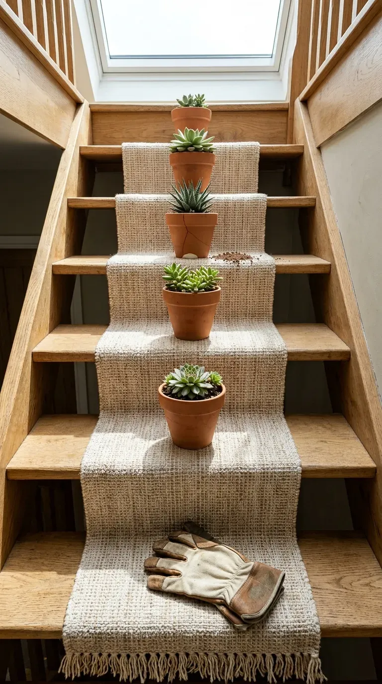 Over-the-door hanging rack holding small potted pothos plants near a staircase