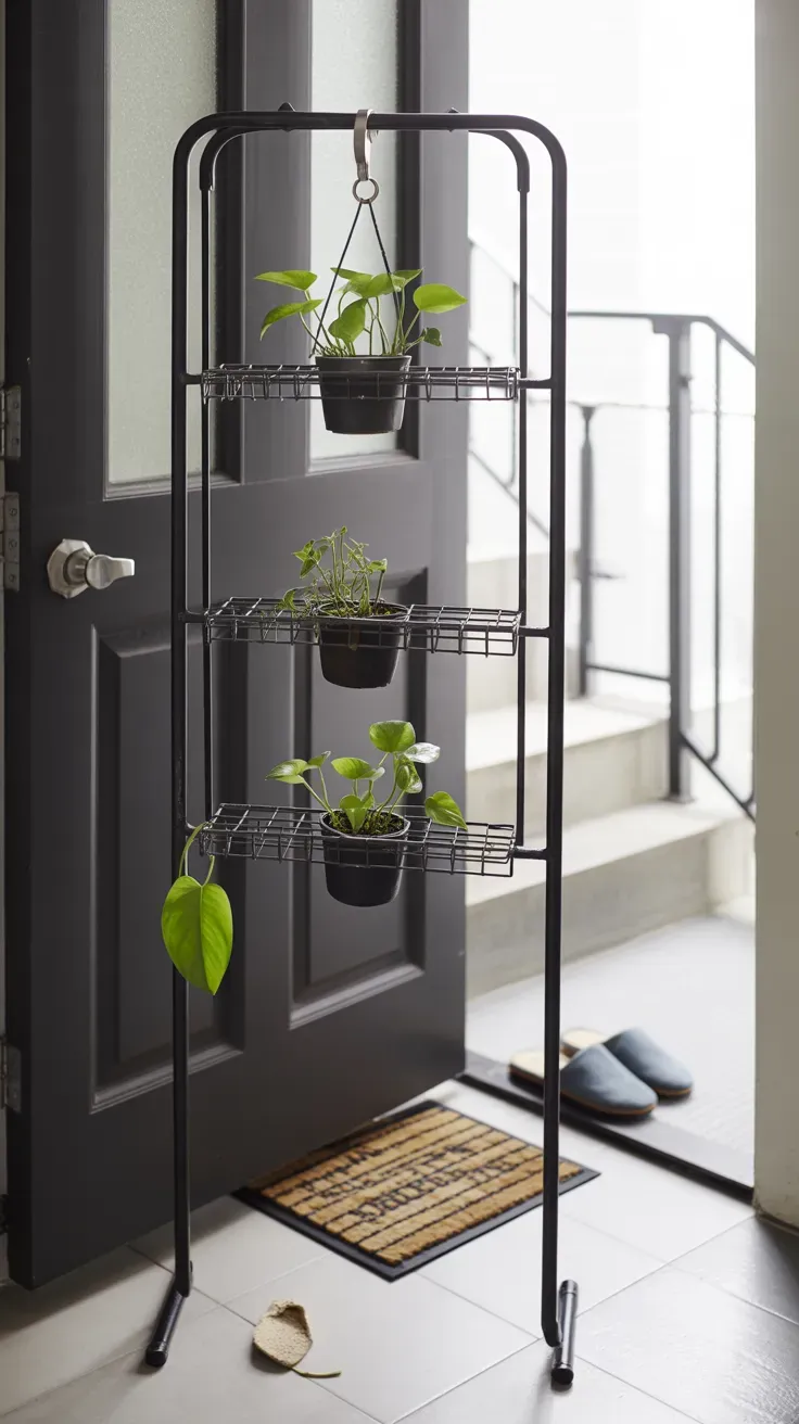 Over-the-door hanging rack holding small potted pothos plants near a rental staircase