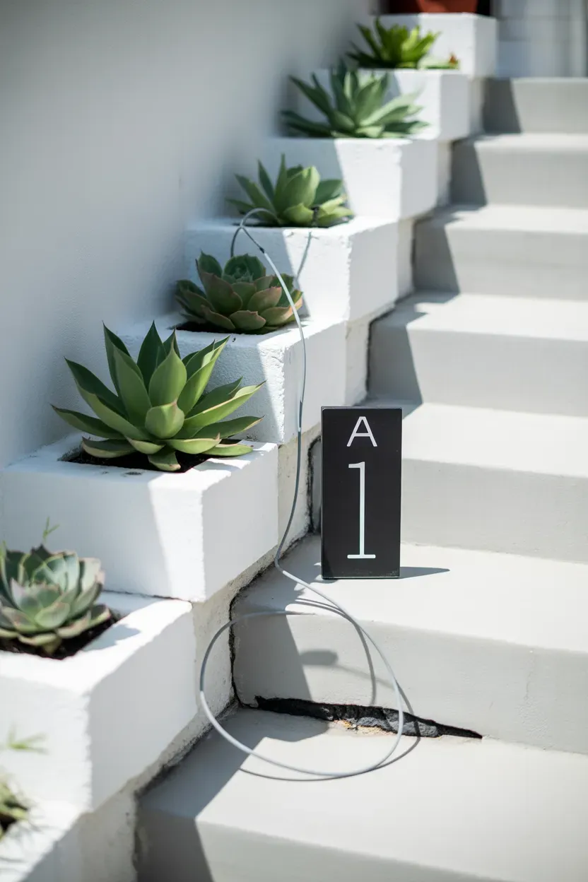 Painted white cinder block planters with succulents lining modern minimalist staircase