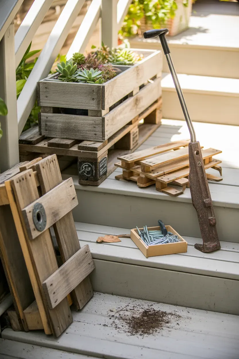 Reclaimed pallet wood planter boxes filled with succulents on garden staircase