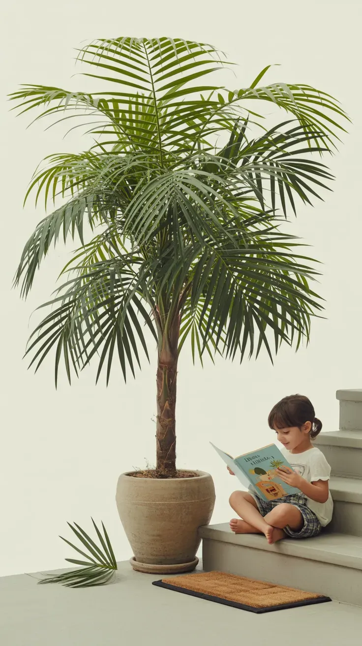 Parlor palm in heavy ceramic pot as safe landing feature on kid-friendly staircase