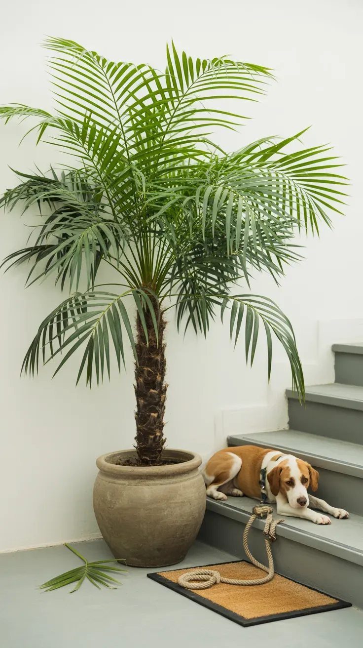 Parlor palm in heavy ceramic pot as safe landing feature on pet-friendly staircase