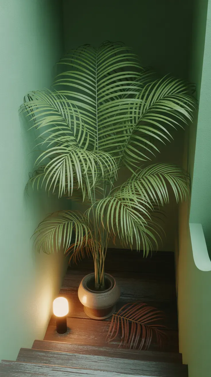 Parlor palm with delicate fronds standing as statement piece in dim staircase corner
