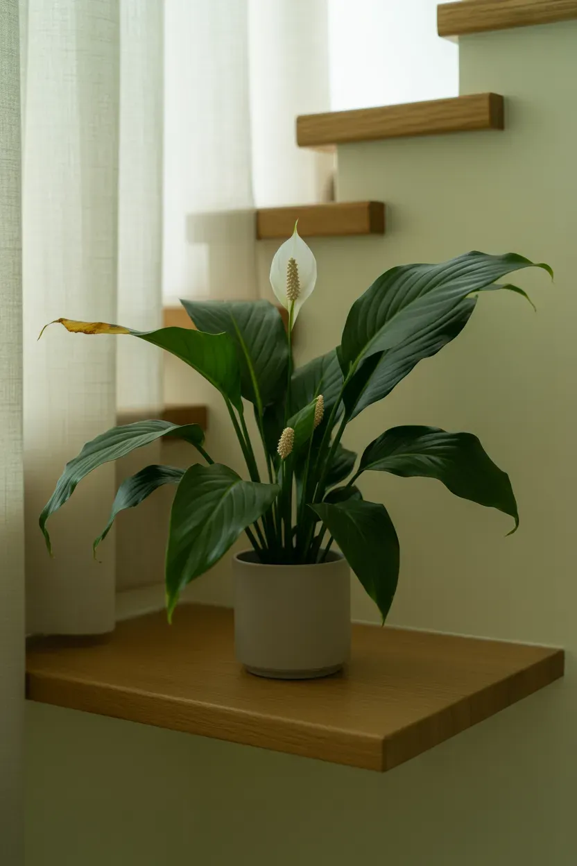 Peace lily with arching leaves alone on a slim floating shelf on a minimalist staircase