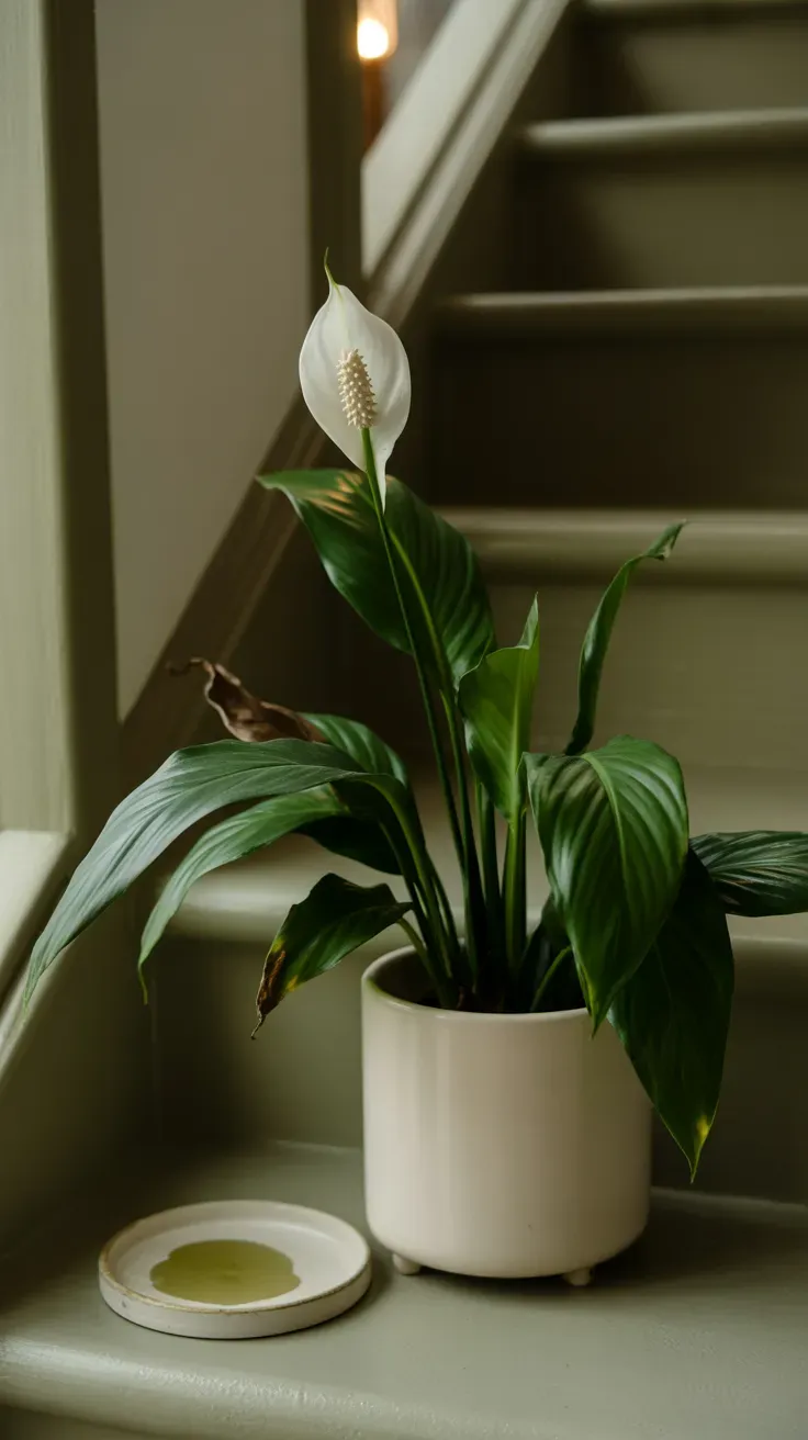 Peace lily with white bloom and glossy leaves accenting dim staircase landing