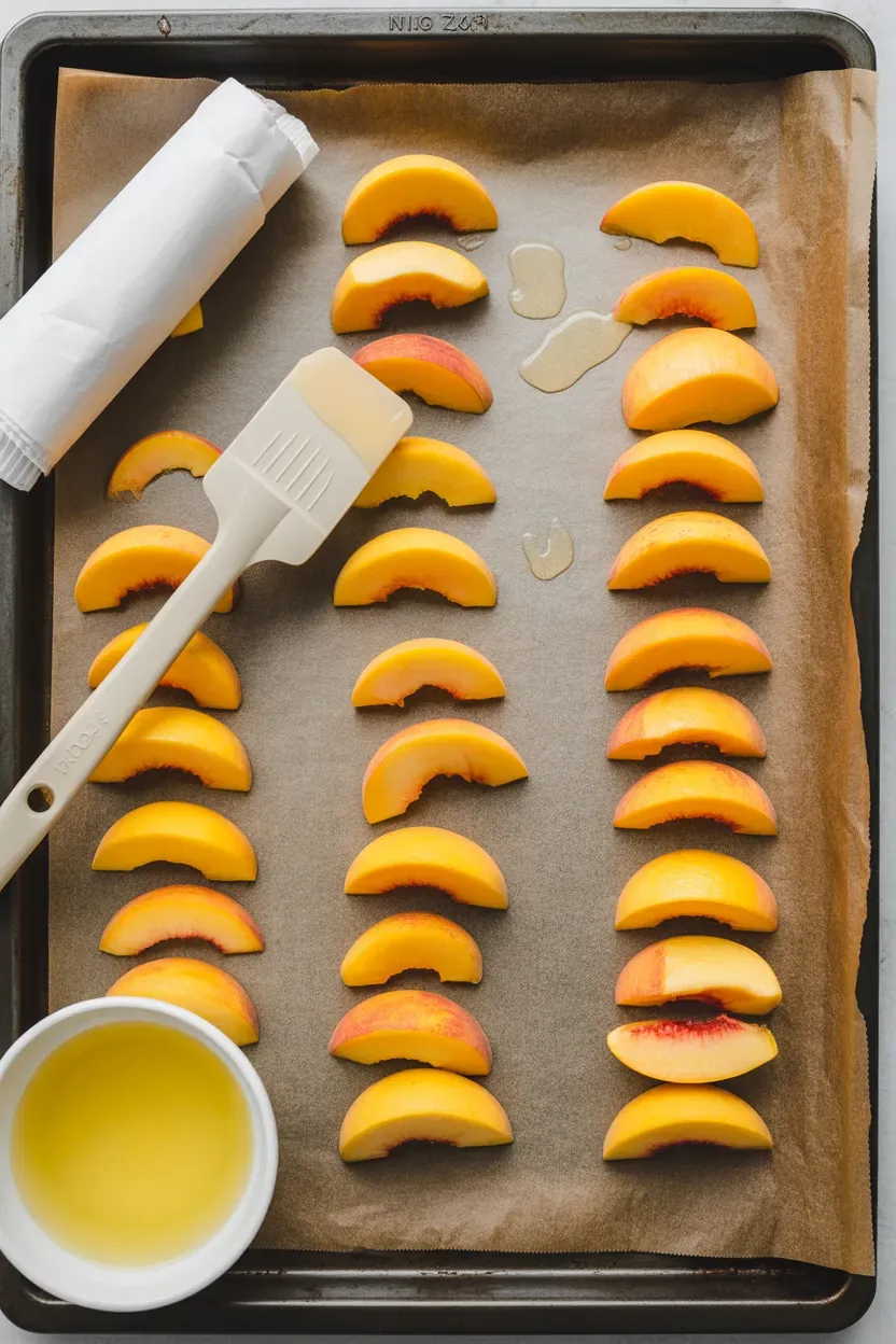 Sliced peach chunks arranged on a parchment-lined tray before freezing