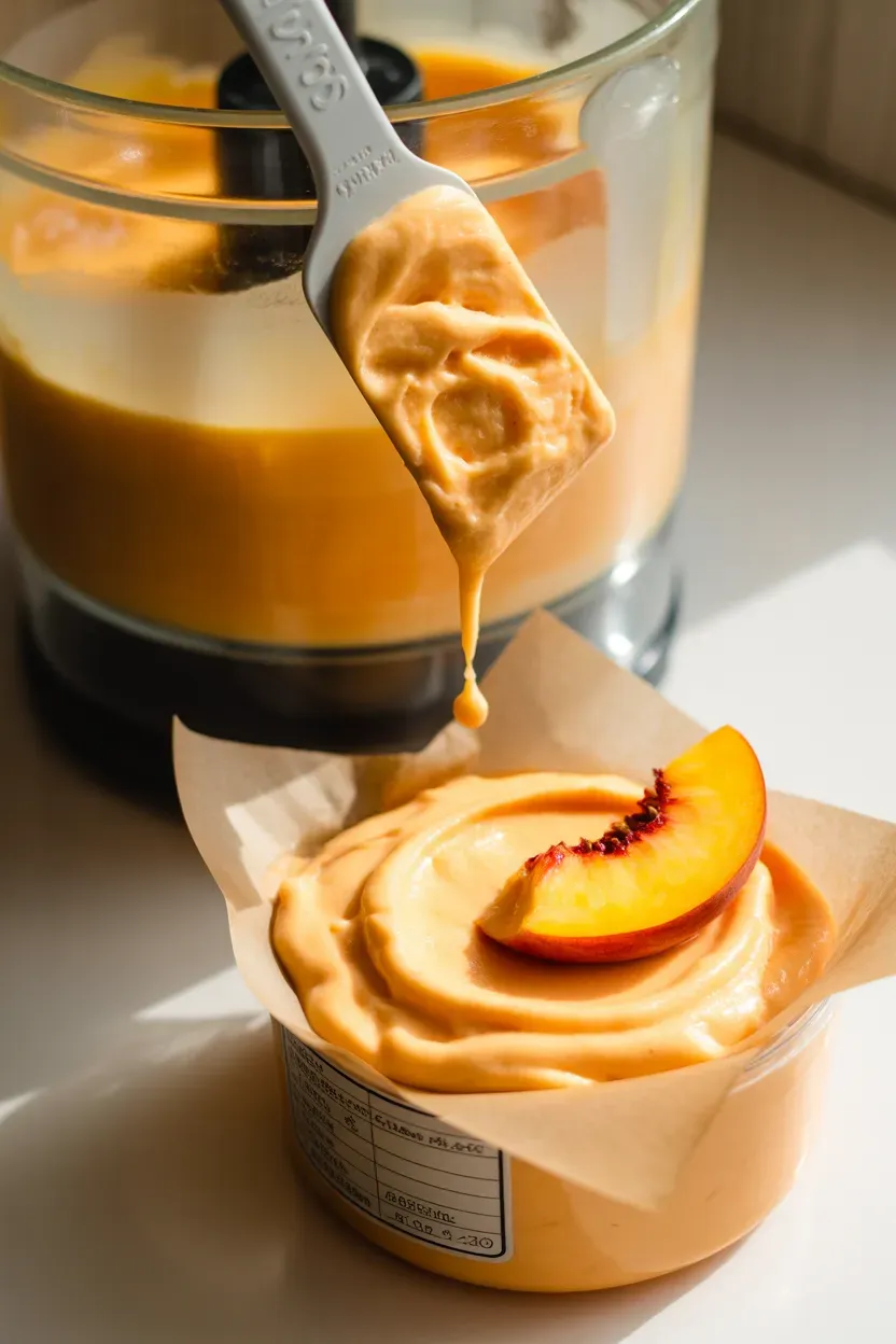 Finished peach sorbet being scraped into an airtight container for freezer storage