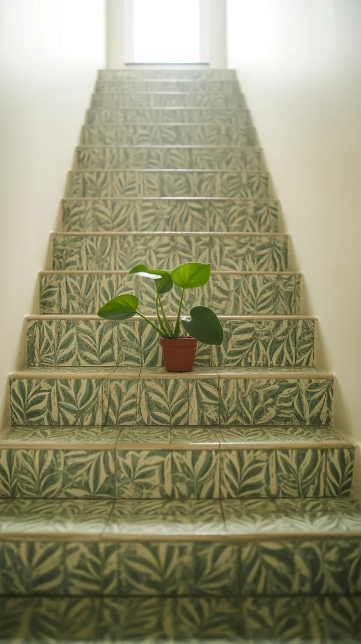 Peel-and-stick botanical leaf wallpaper installed on a rental staircase wall as a backdrop