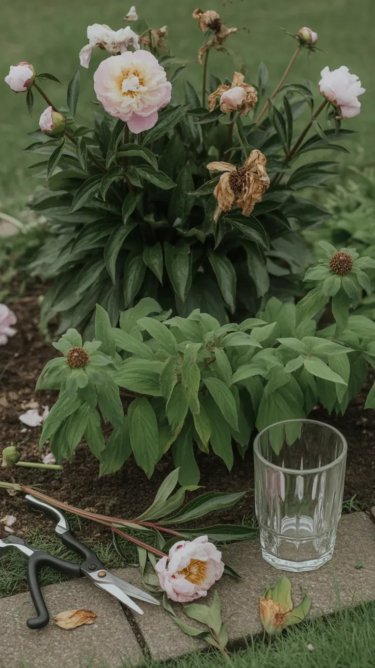 Faded peony blooms beside newly emerging bee balm foliage showing a timing gap
