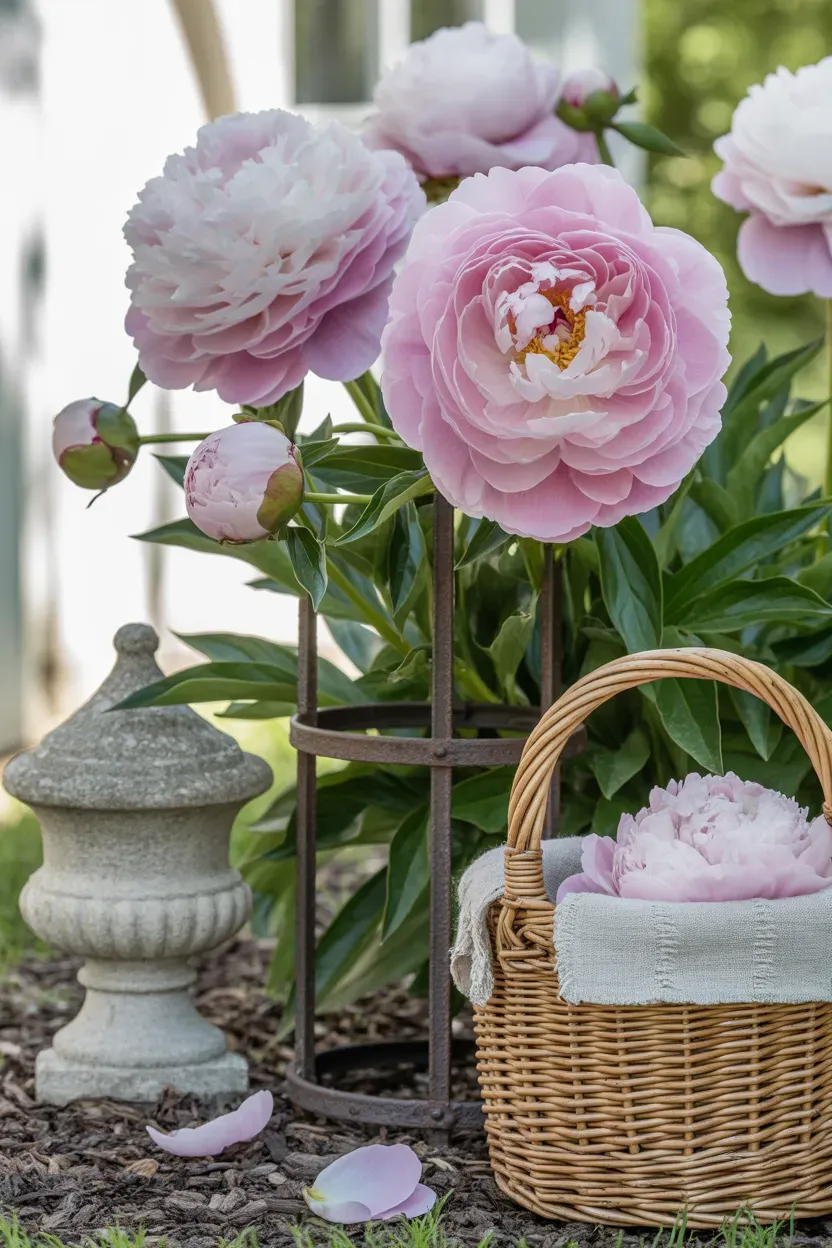 Peony with large pink blooms standing in formal sunny spring garden border