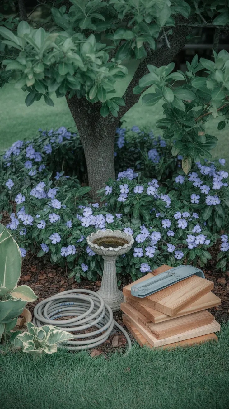 Periwinkle bowles variety with lavender-blue flowers in compact shaded garden bed