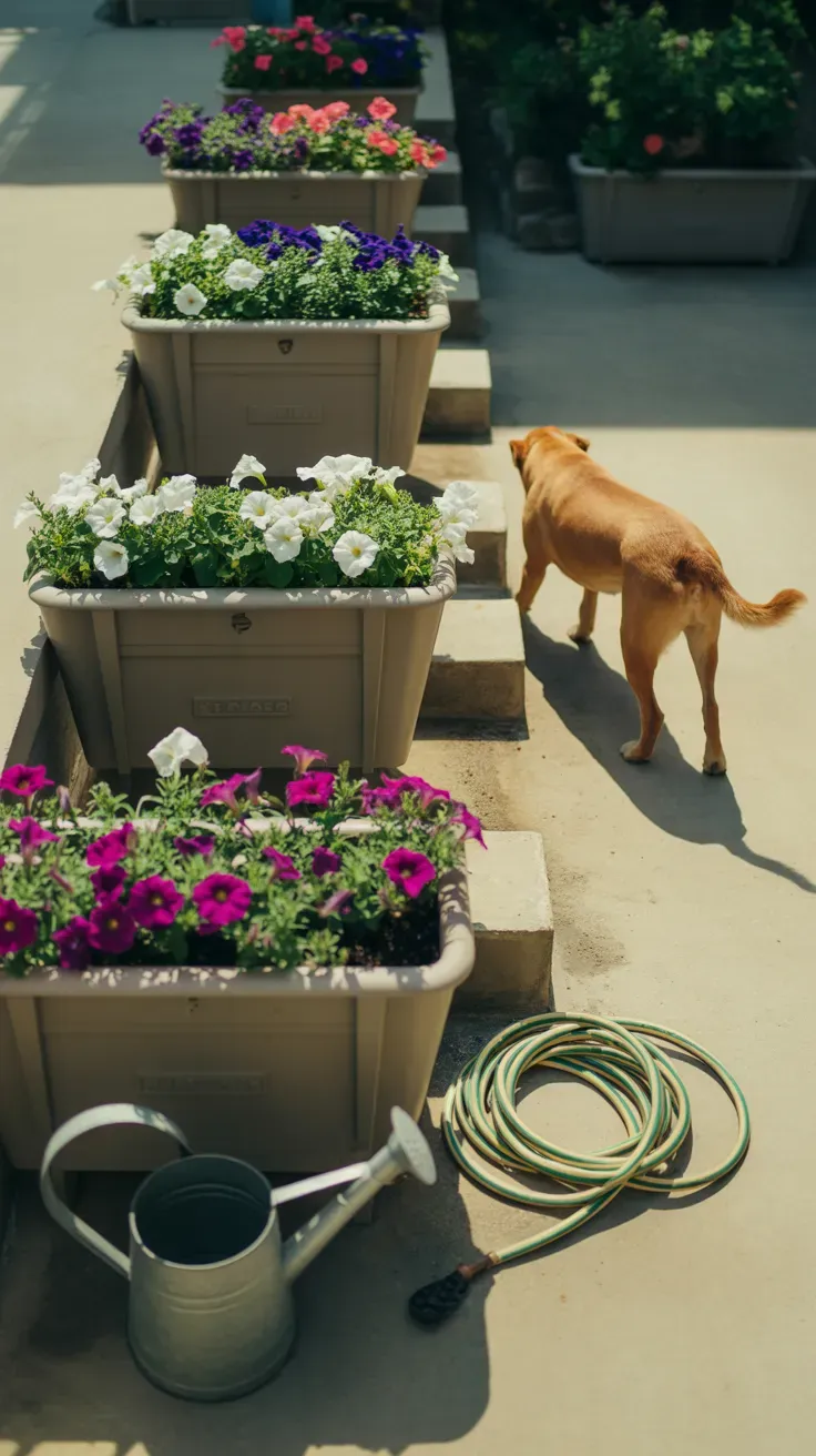 Weighted window box planters with petunias secured stably on dog-safe garden staircase