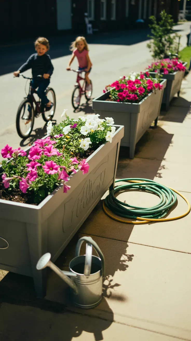 Weighted window box planters with petunias secured stably on kid-safe garden staircase