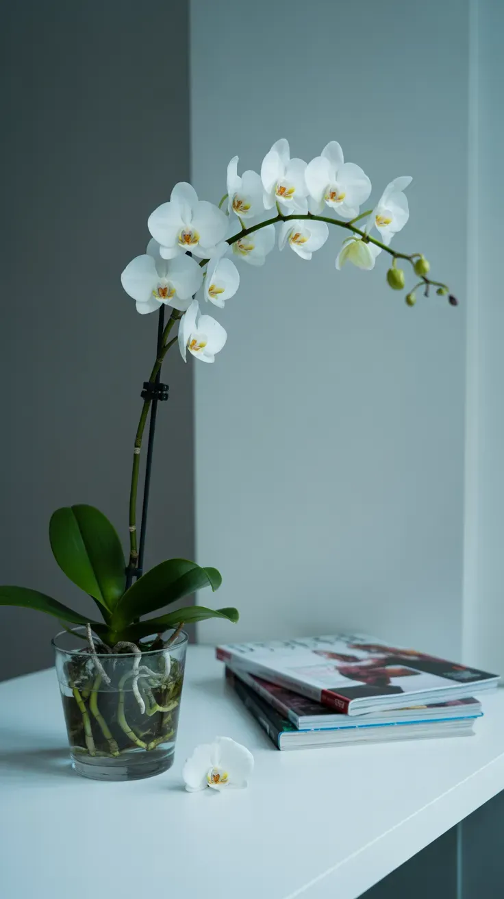 White Phalaenopsis orchid spike with multiple open blooms on a bright office windowsill