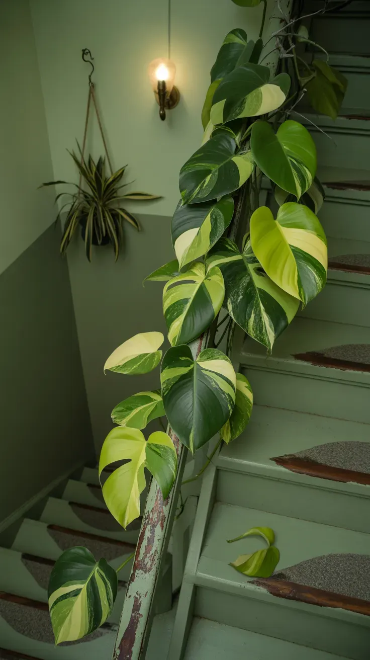 Philodendron brasil with lime and green variegated leaves trailing along dim staircase rail