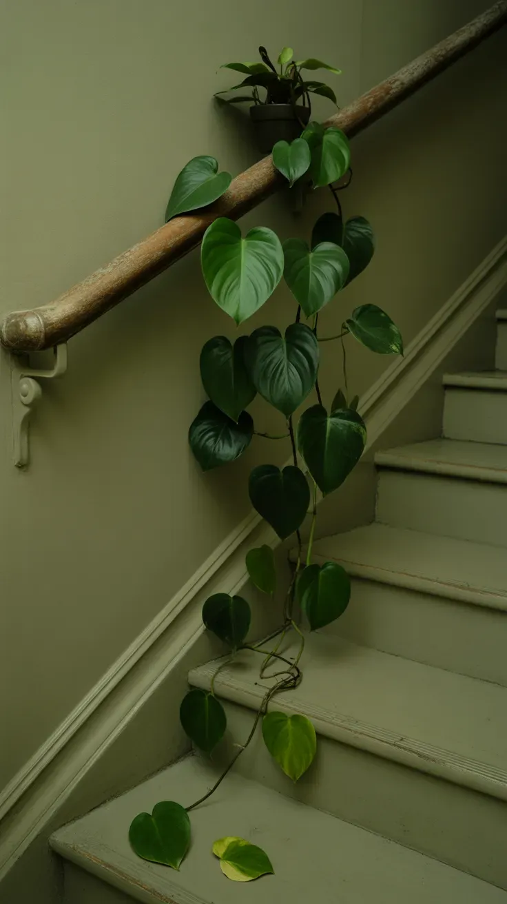 Heartleaf philodendron trailing down dim staircase railing with glossy heart-shaped leaves