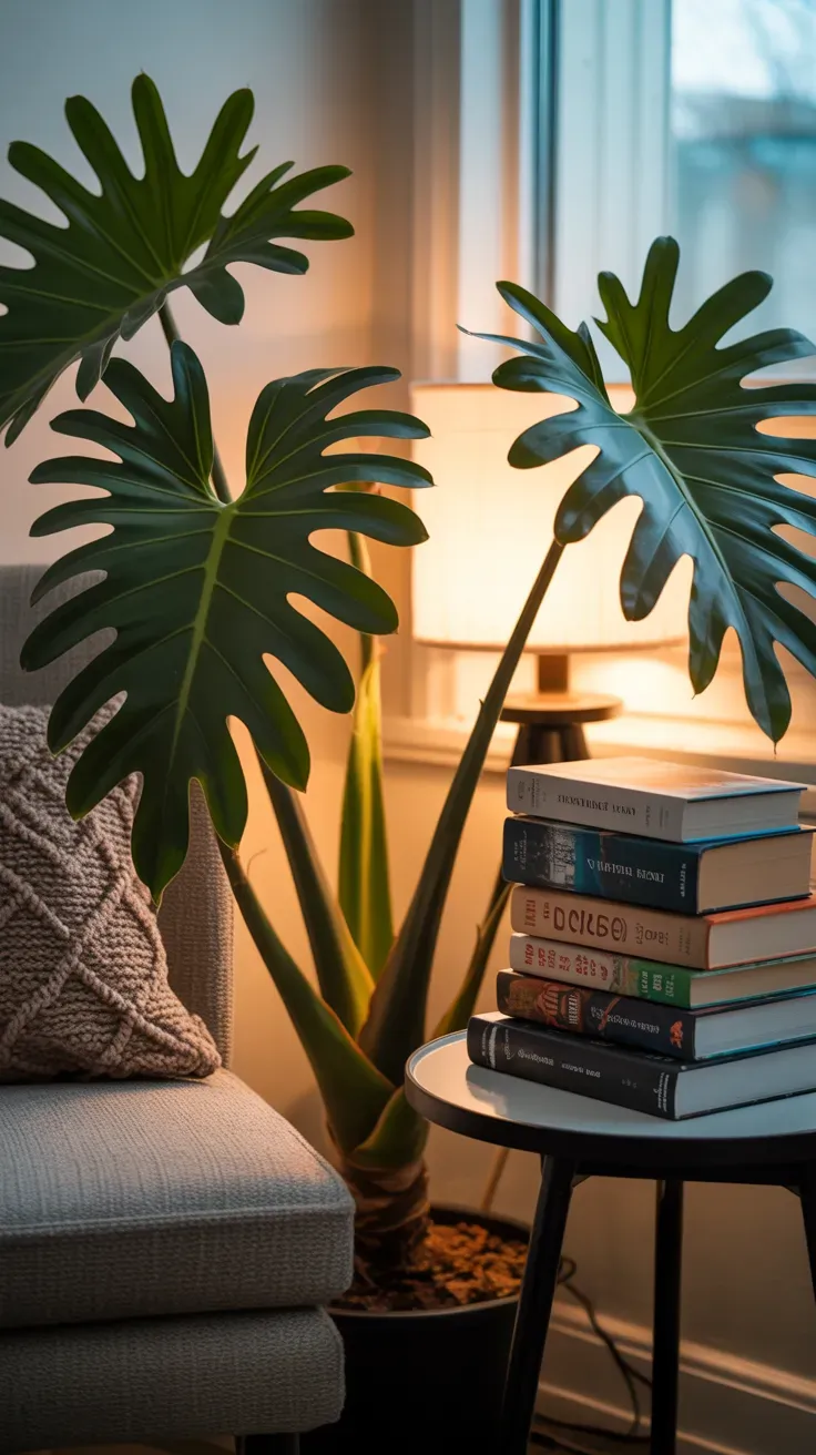 Philodendron selloum with large deeply lobed leaves beside cozy reading nook chair