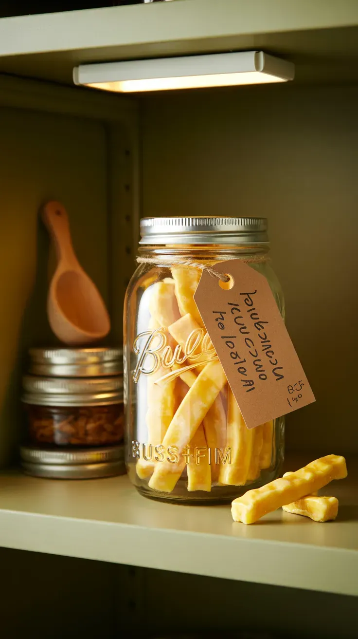 Finished chewy pineapple zucchini candy stored in a labeled glass jar