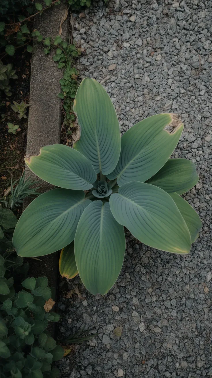 Broadleaf plantain rosette with prominent parallel veins beside a garden path