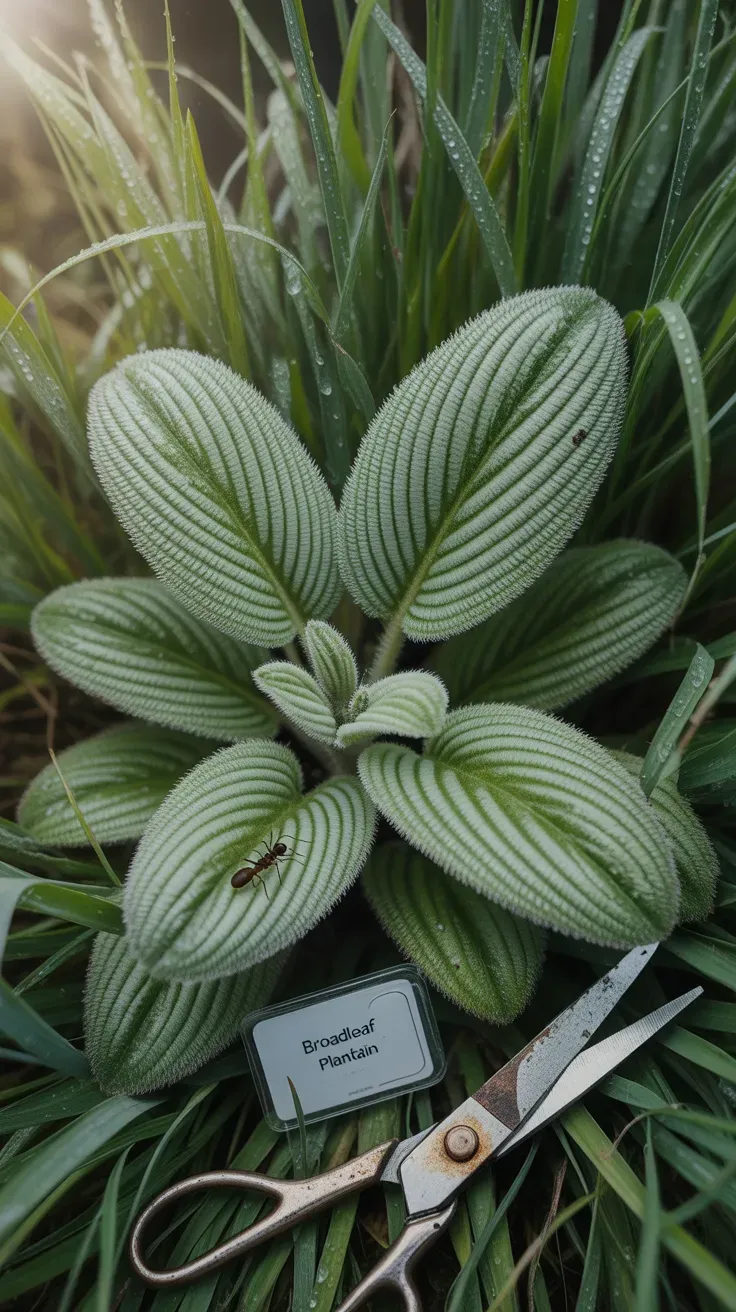 Common plantain with broad ribbed leaves growing low in natural lawn setting