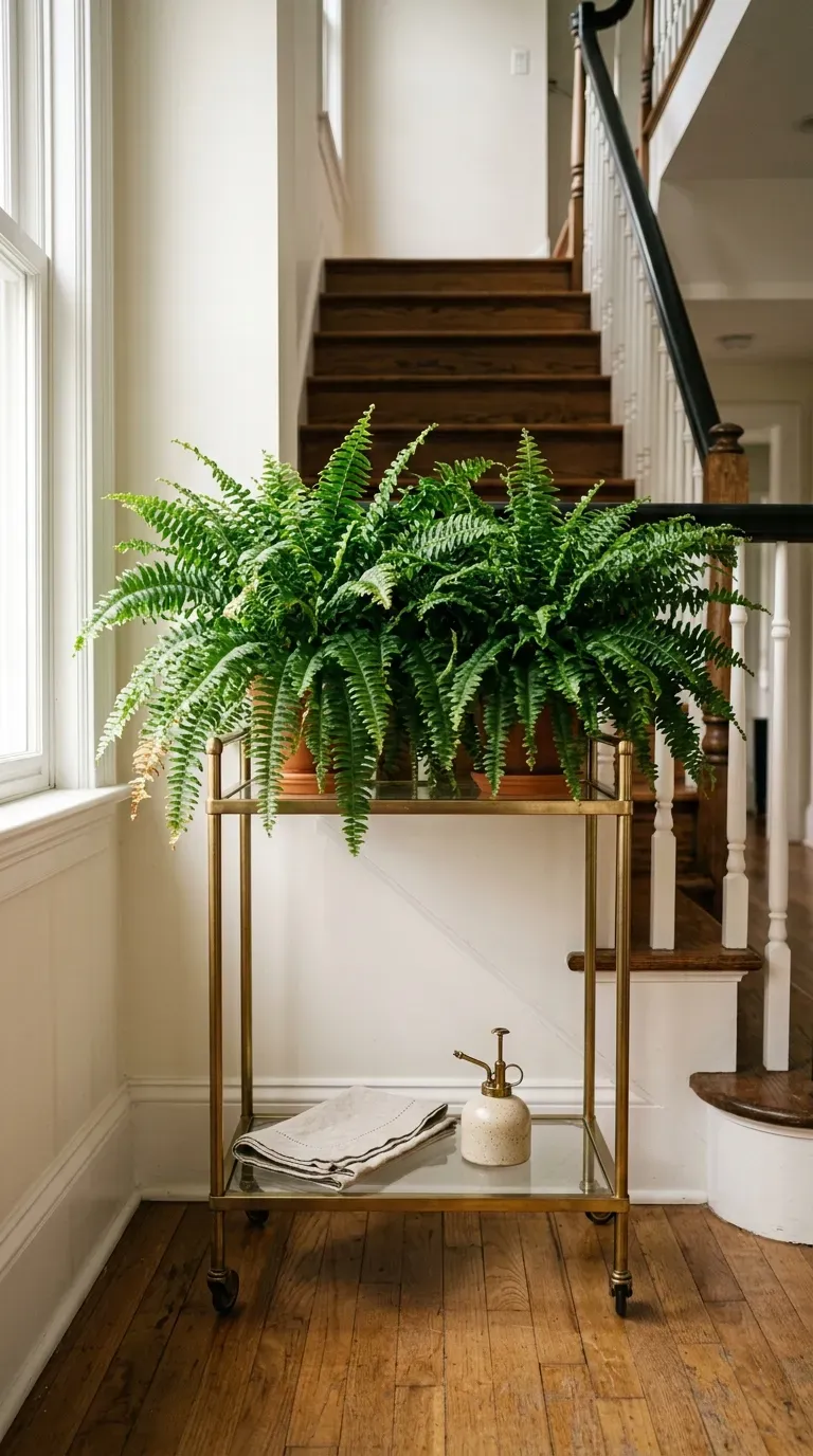 Portable bar cart holding potted ferns on a staircase landing