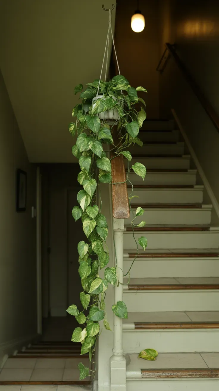 Pothos trailing down staircase railing adding easy greenery to dim hallway