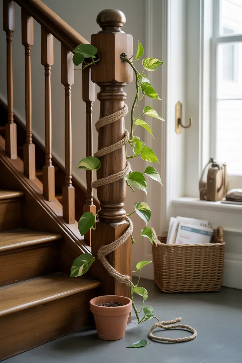 Pothos vine trained spiraling up a wooden staircase banister post