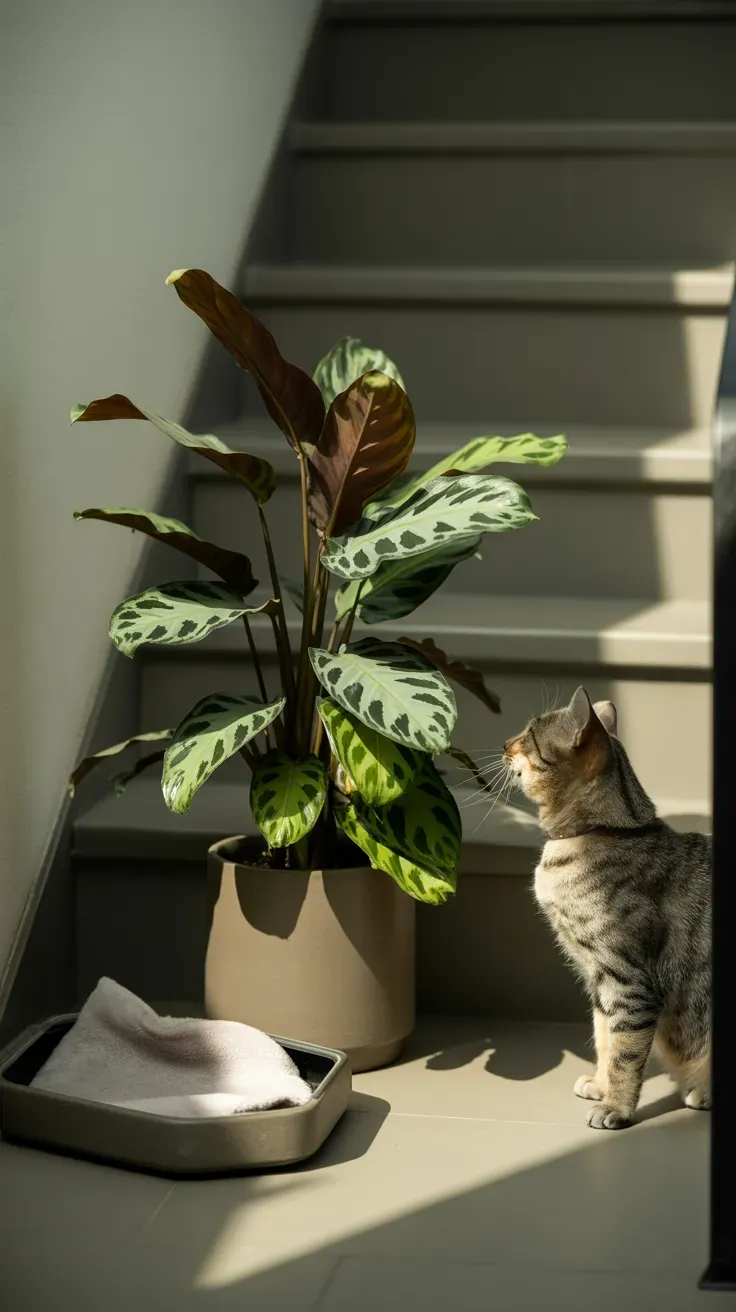 Prayer plant with patterned leaves in shaded corner safe for curious cats on staircase