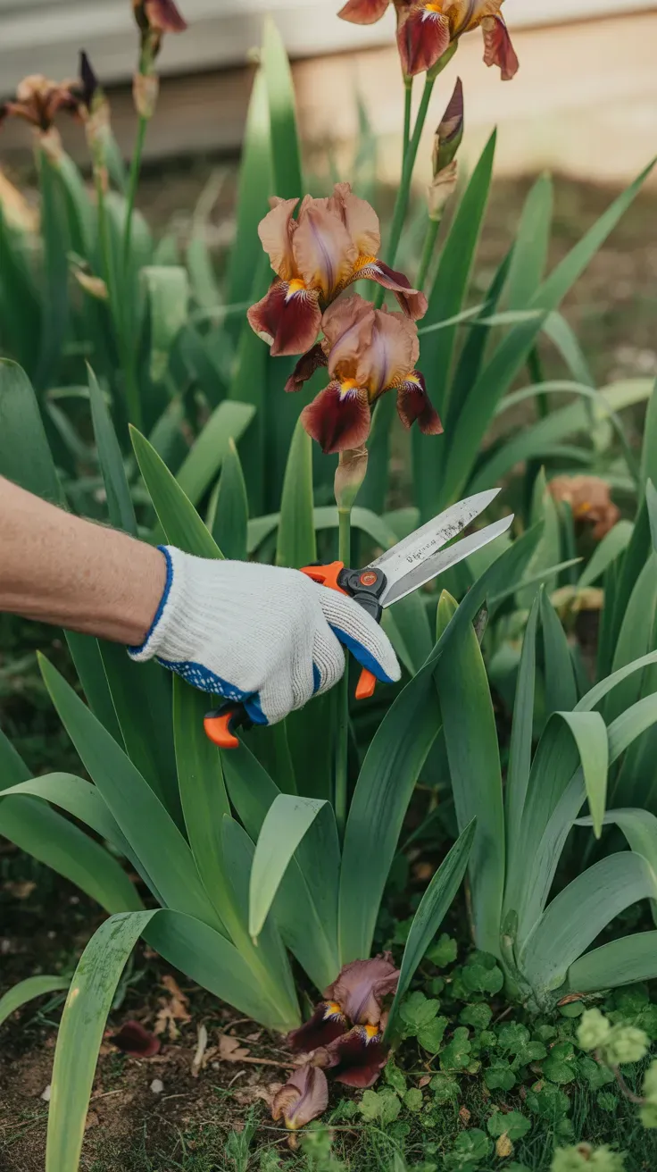 Gardener cutting a spent iris flower stalk near the base of a green leaf fan