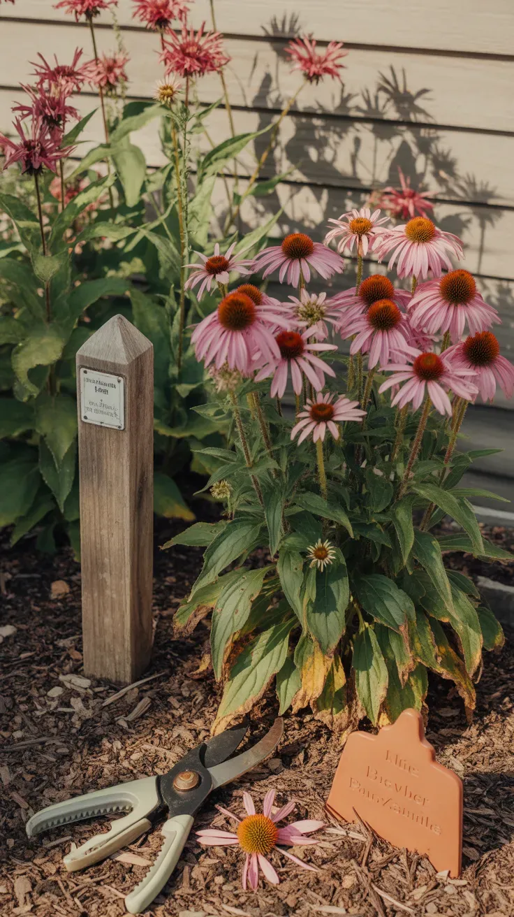 Purple coneflower blooming next to red bee balm in a sunny garden border