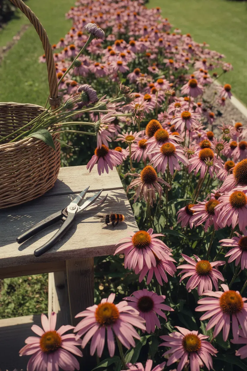 Purple coneflower blooming densely along sunny garden border in midsummer
