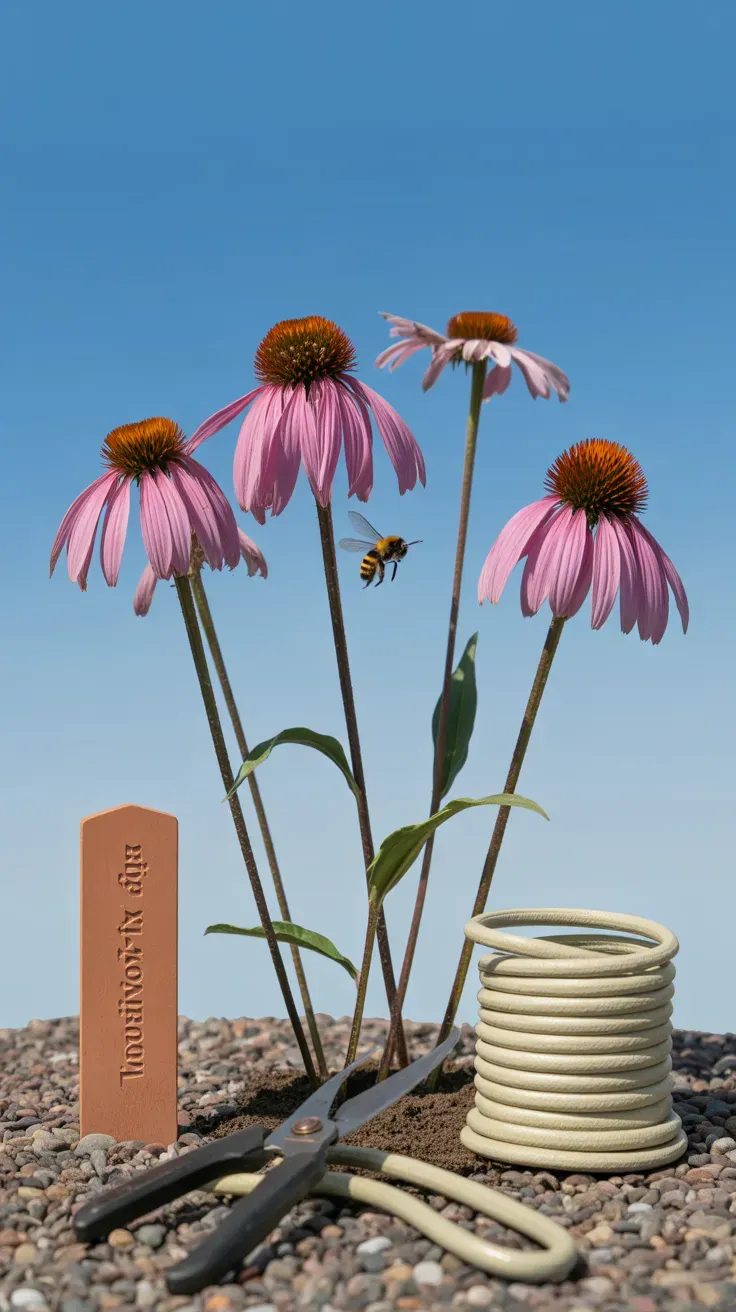 Purple coneflowers with visible seed cones attracting a bumblebee in a garden bed