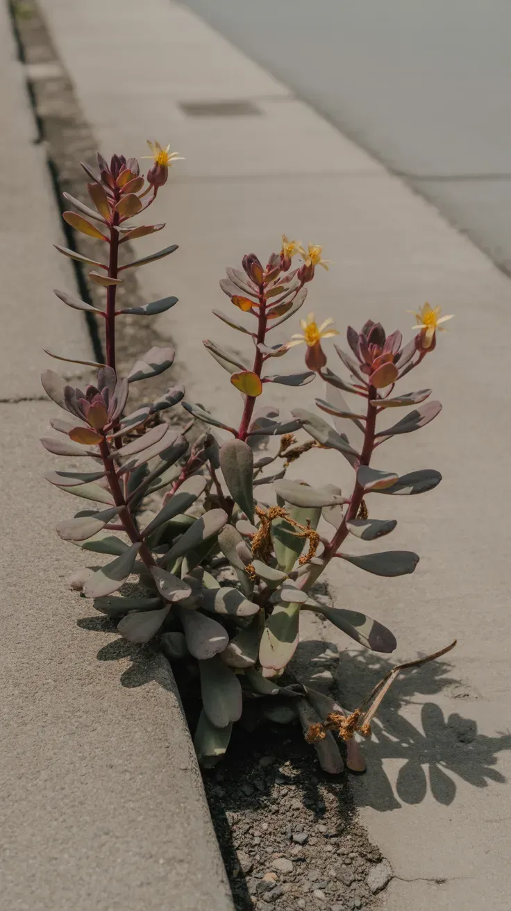 Succulent purslane stems with small yellow flowers growing through sidewalk crack
