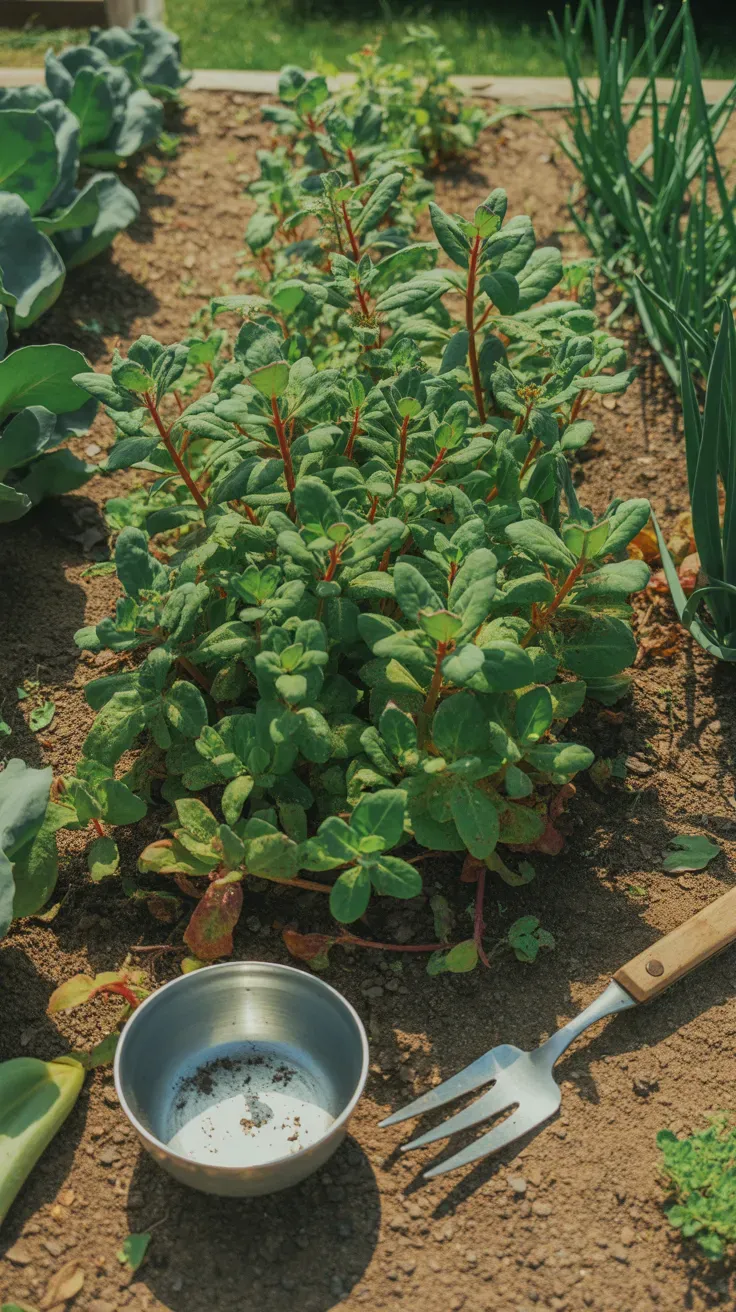 Low-growing purslane with plump green leaves spreading across a garden bed