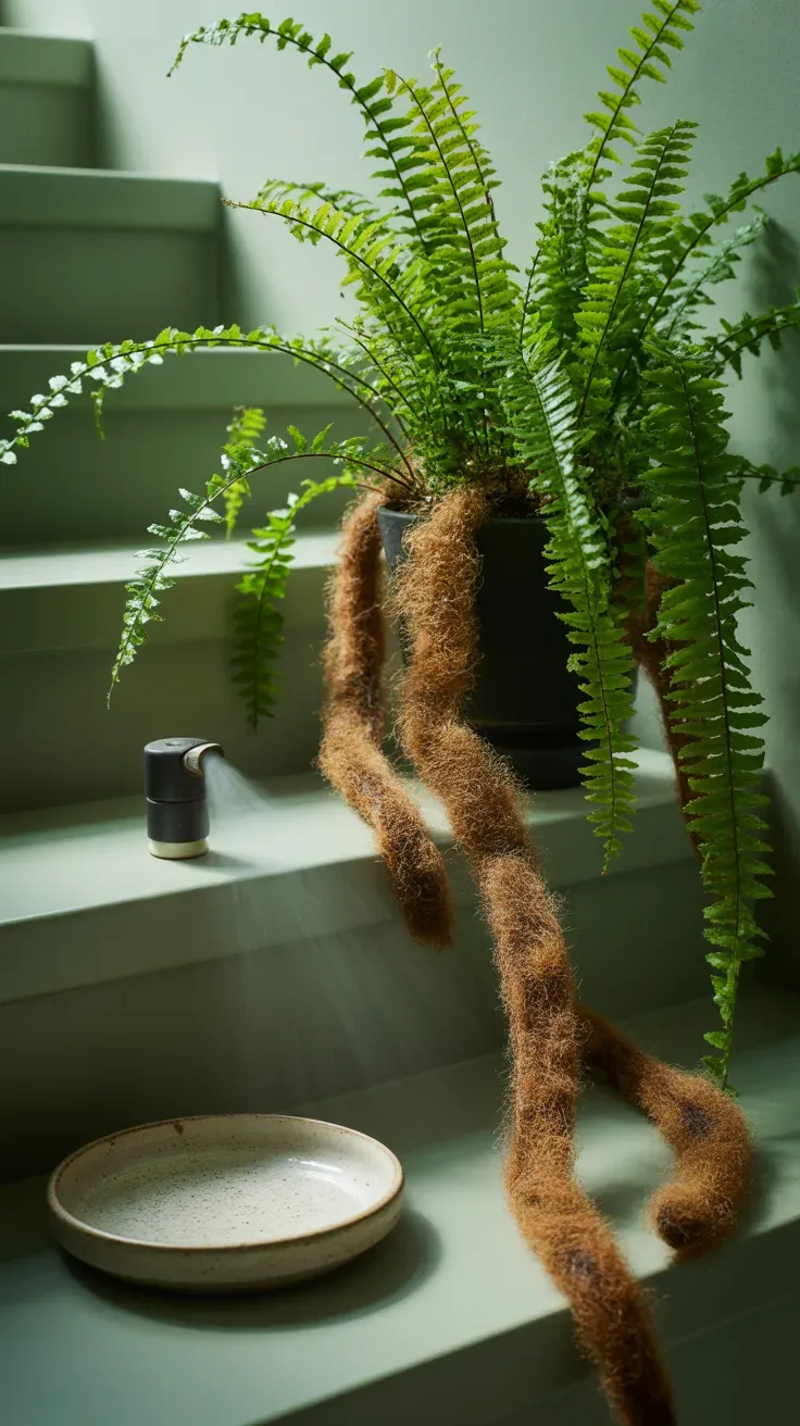 Rabbit's foot fern with furry rhizomes and delicate fronds on dim staircase landing