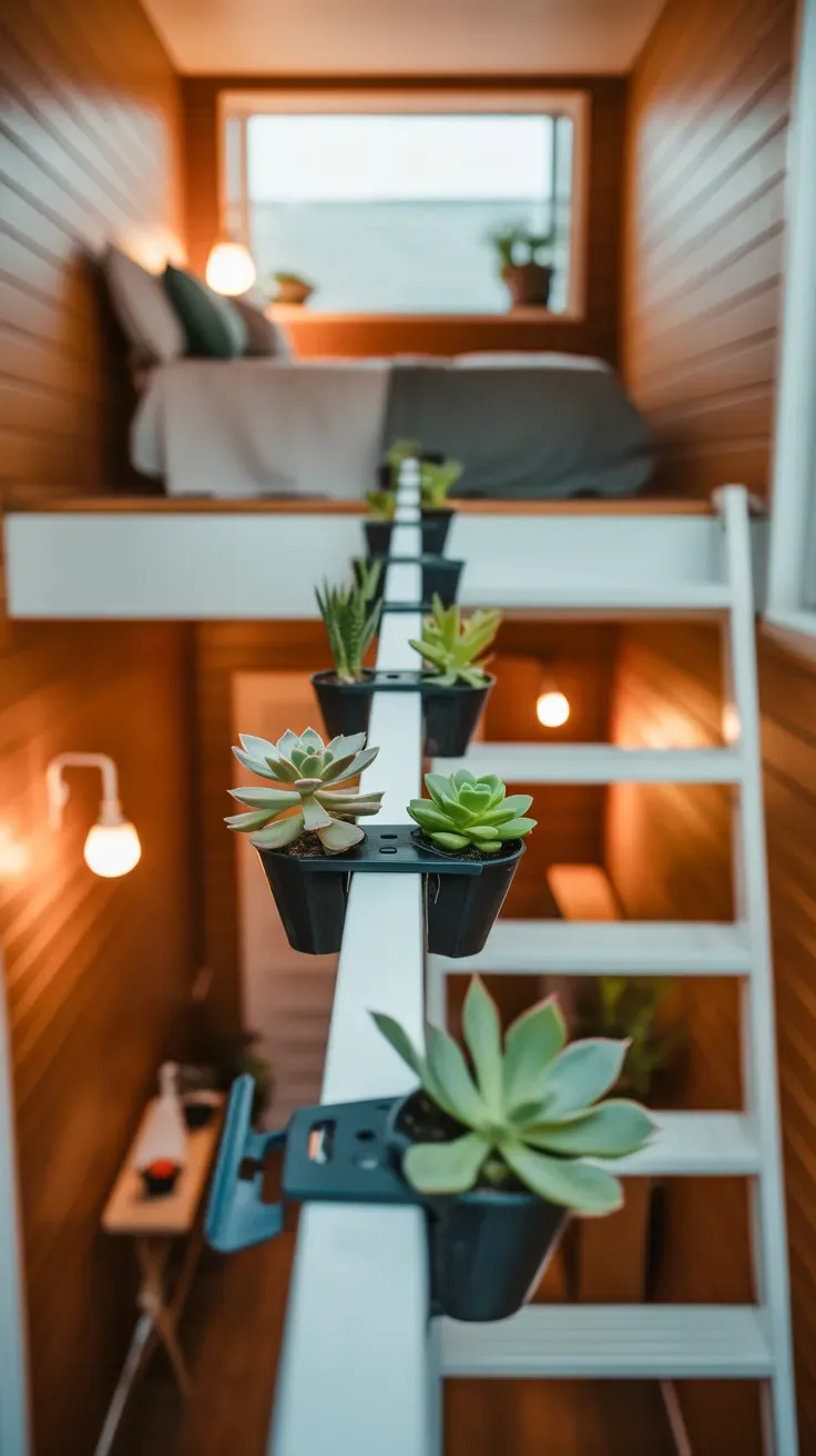 Small clip-on succulent pots attached to railing of tiny home loft staircase