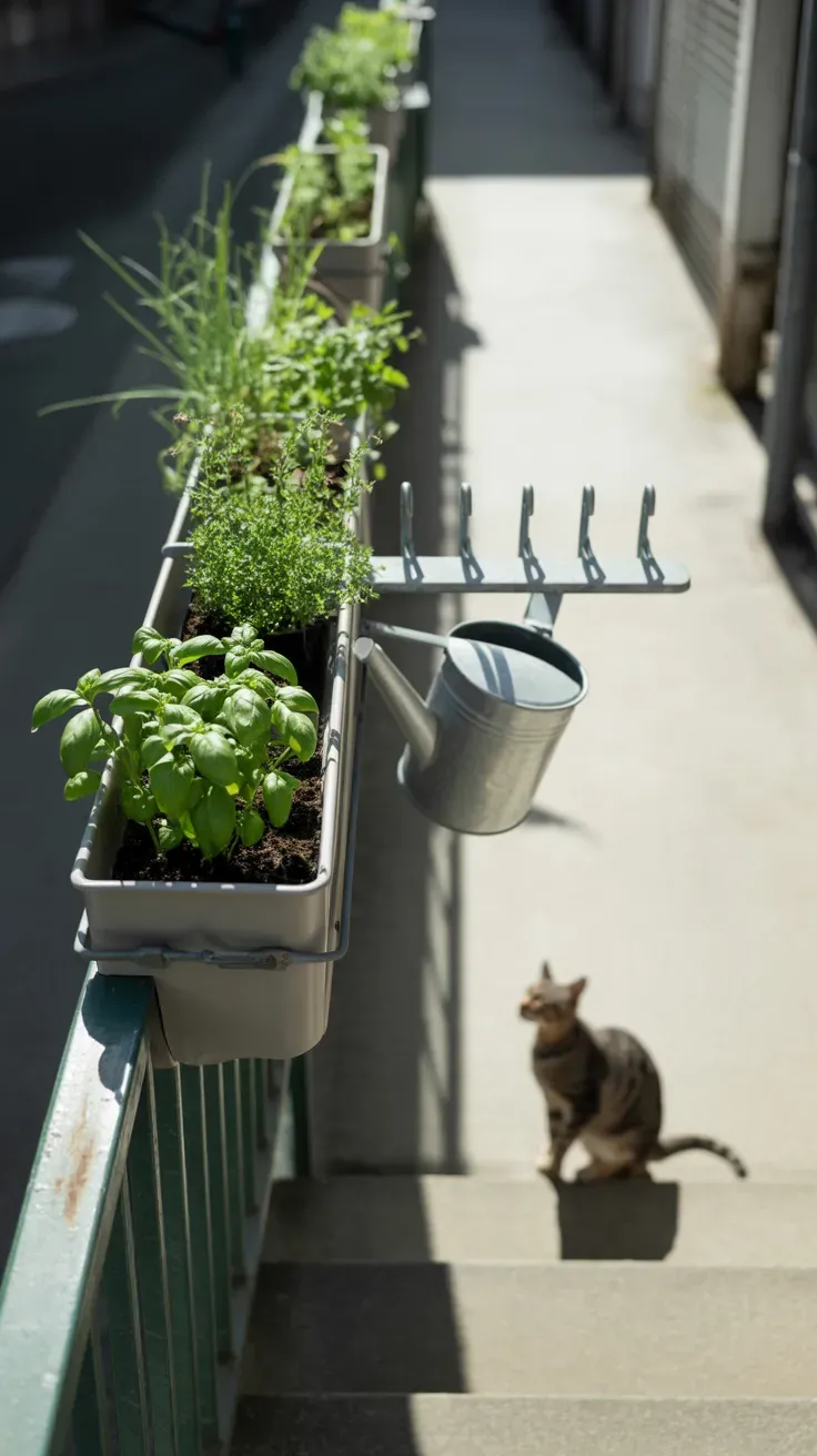 Rail-mounted herb planter boxes elevated above staircase out of cat's reach