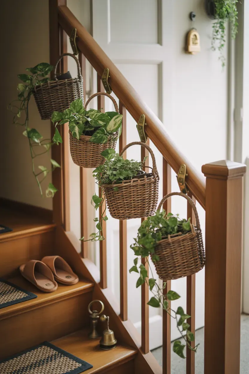 Small rattan baskets holding trailing plants clipped along a wooden staircase handrail