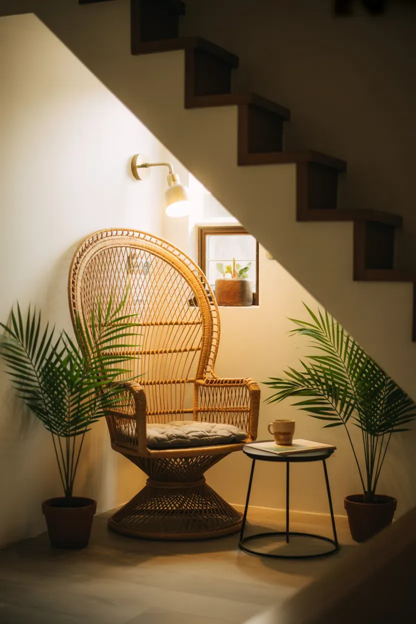Rattan peacock chair styled with potted palms in a cozy nook under a staircase