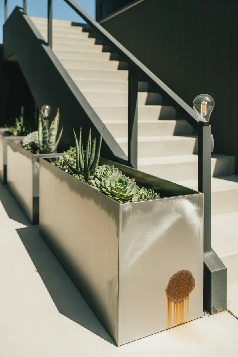 Raw unfinished steel trough planters with succulents lining industrial-edge modern staircase